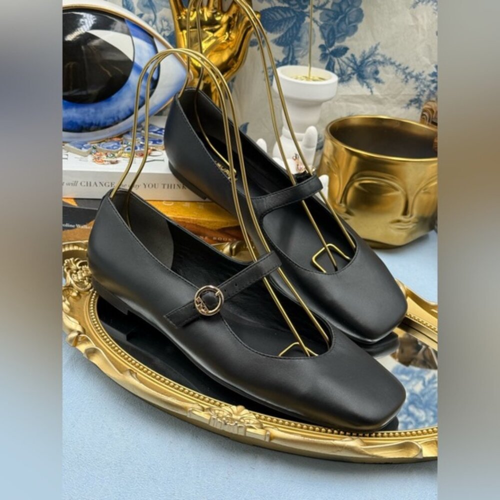 🆕 TORY BURCH 🧿 NWOB Selby Black Leather Square Toe Mary Jane Ballet Flats Sz 7 - Picture 6 of 14